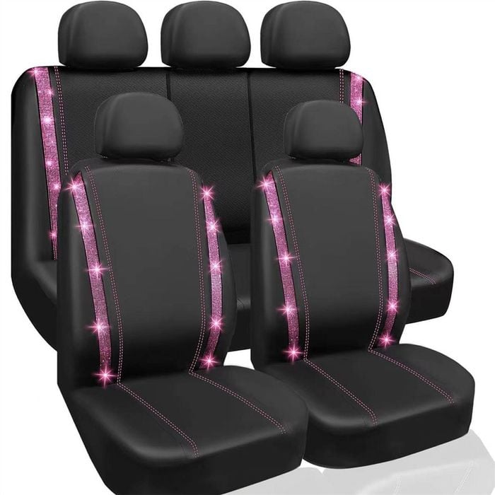 Catzon Car Seat Covers Full Set Shining Diamond Faux Leather Universal For Suvs Pickup-pink