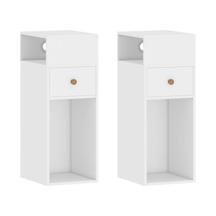 Advwin Side Table Set of 2 25cm Narrow Sofa End Table w/ Side Shelf & Drawer Slim Bedside Table White