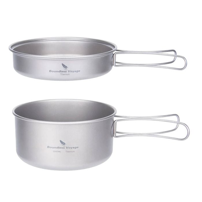 NNEOBA Titanium Camping Cookware Set Pan with Folding Handles Silver