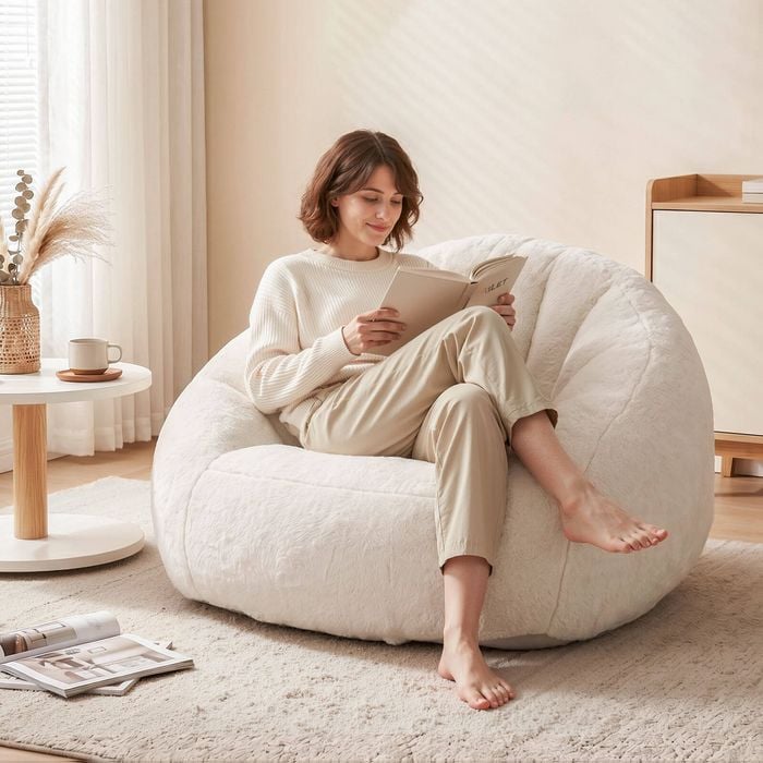 Homfurn Single Boneless Couch – Shell-shaped, Faux Fur, High-density Foam, No Assembly, 150kg Capacity, White
