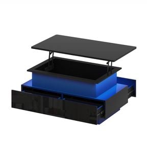 Ufurniture LED Lift Top Coffee Table 2-Tier Floating Center Table w/ Hidden Storage & 4 Drawers Black