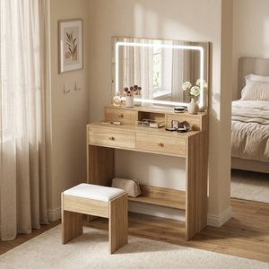 Oikiture Dressing Table Stool Set Vanity Desk Drawers Natural