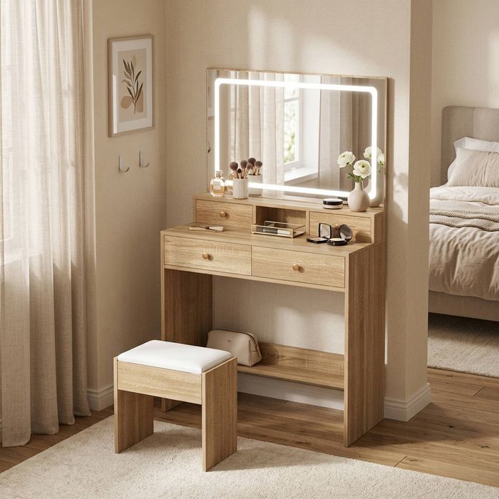 Oikiture Dressing Table Stool Set Vanity Desk Drawers Natural