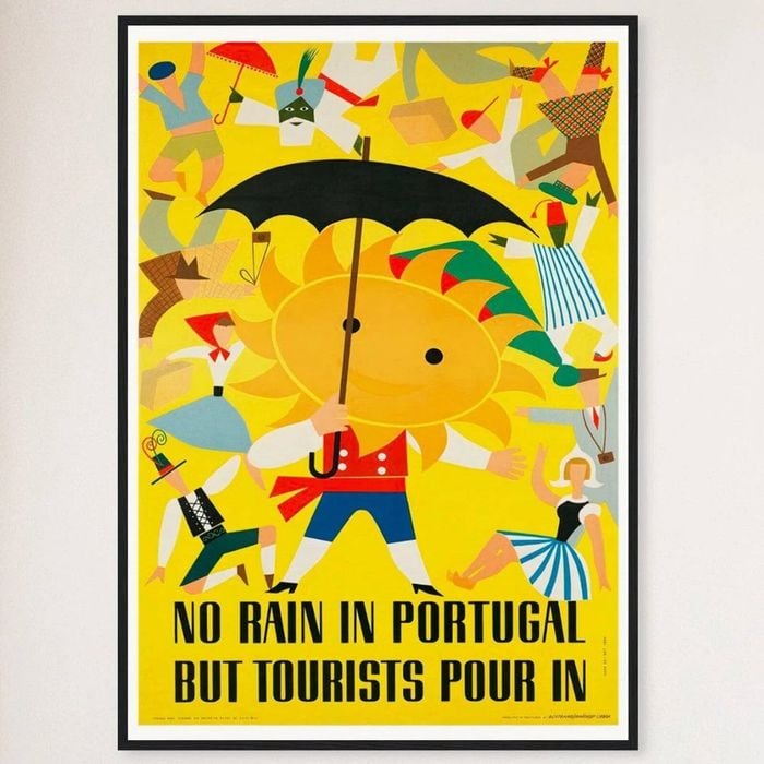 Galrie Charming Vintage Travel Poster of Portugal: No Rain But Tourists Pour In Artwork, Black Frame, A4 21 x 30cm (8 x 12inch)
