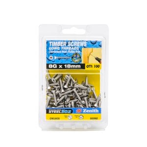 Zenith 8G x 20mm Stainless Steel Long Thread Countersunk Head Timber Screws - 100 Pack