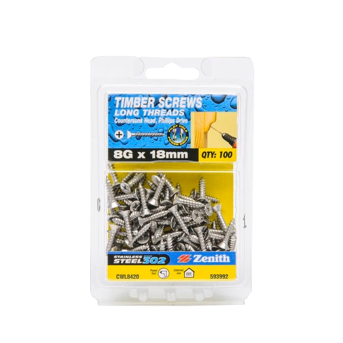 Zenith 8G x 20mm Stainless Steel Long Thread Countersunk Head Timber Screws - 100 Pack