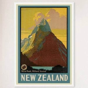 Galrie Milford Sound Vintage Travel Poster Captivating New Zealand Art for Your Home, White Frame, A4 21 x 30cm (8 x 12inch)