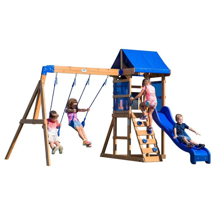 Backyard Discovery Aurora Cedar Wood Play Centre Swing Set with Slide and  Fort
