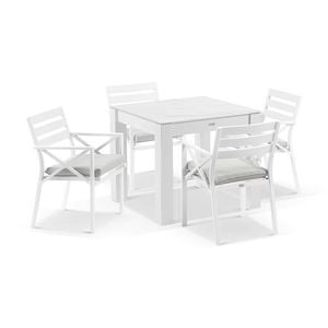 Hugo Outdoor 4 Seater Ceramic And Aluminium Dining Table White With Kansas Chairs & Olefin Grey Cushions