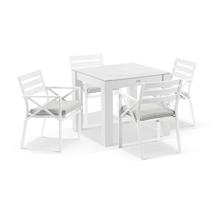 Hugo Outdoor 4 Seater Ceramic And Aluminium Dining Table White With Kansas Chairs & Olefin Grey Cushions
