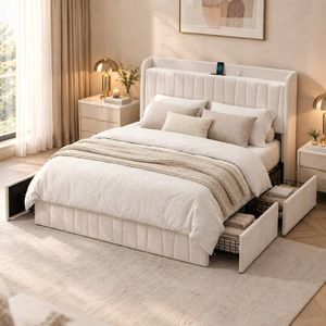 Advwin Bed Frame Queen Size with 4 Storage Drawers & Charging Station Beige