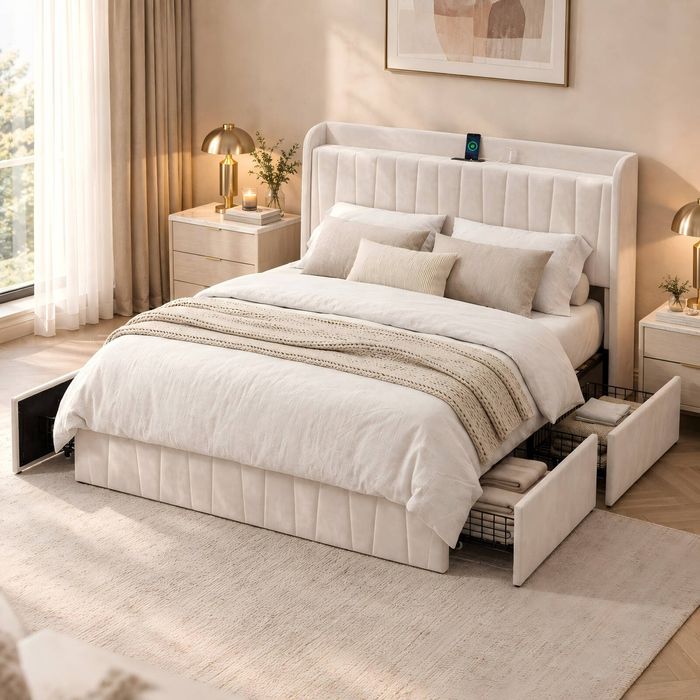Advwin Bed Frame Queen Size with 4 Storage Drawers & Charging Station Beige