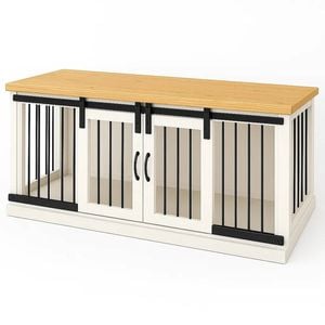 Paws and Willow Open Plan Arctic White with Natural Top Wooden Dog Crate Barn Doors with Bars