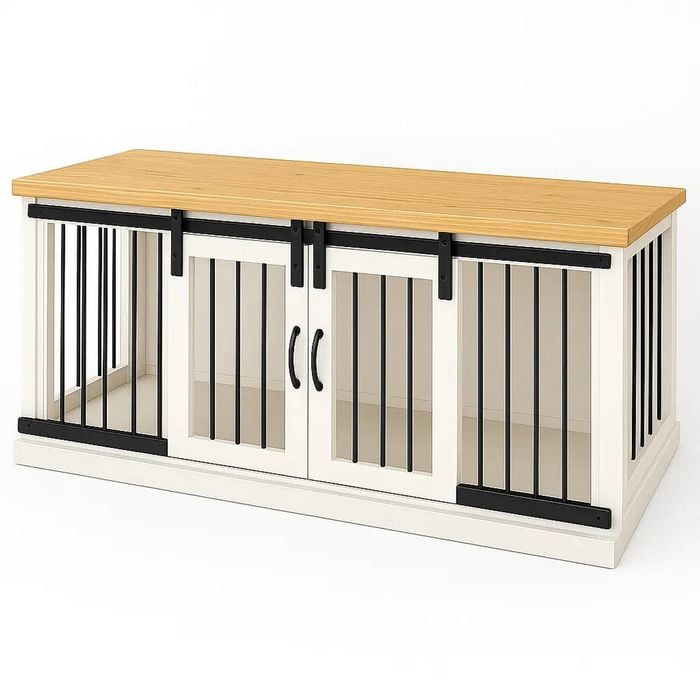 Paws and Willow Open Plan Arctic White with Natural Top Wooden Dog Crate Barn Doors with Bars