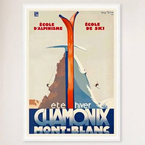 Galrie Chamonix Mont Blanc France Vintage Ski Poster for Summer and Winter Sports Art, White Frame, A3 30 x 42cm (12 x 16inch)