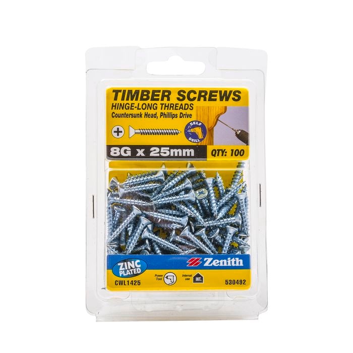 Zenith 8G x 25mm Zinc Plated Hinge-Long Thread Countersunk Head Timber Screws - 100 Pack