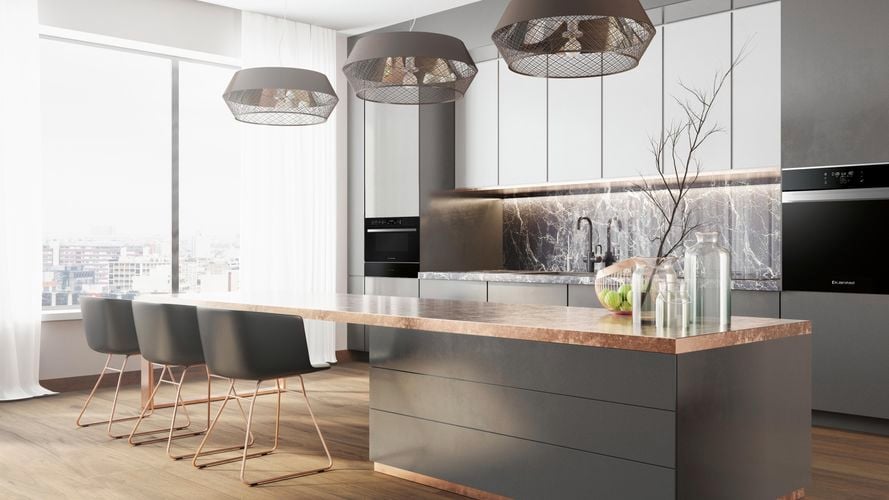 Bronze and silver kitchen with  Steam Microwave Convection Oven SMC4530, Culinary Drawer CDK15630 and Multifunction oven OMF6032