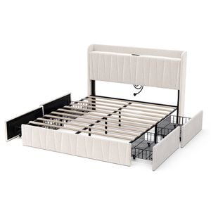 Ufurniture Upholstered Bed Frame with Tufted Headboard & Charging Station 4 Storage Drawers Double Size Beige