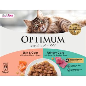 Optimum 70g Adult Skin & Coat and Urinary Care Wet Cat Food Salmon in Gravy Mixed Multipack - Pack of 24