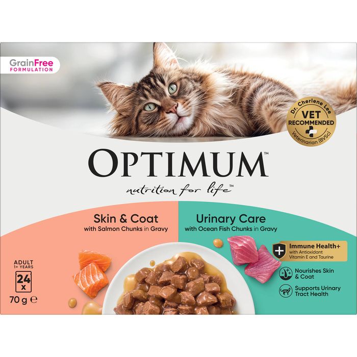 Optimum 70g Adult Skin & Coat and Urinary Care Wet Cat Food Salmon in Gravy Mixed Multipack - Pack of 24