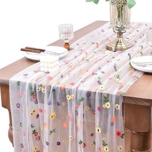 Catzon 3 Pcs Summer Tulle Table Runner Embroidery Daisy Pattern for Home Garden Decoration