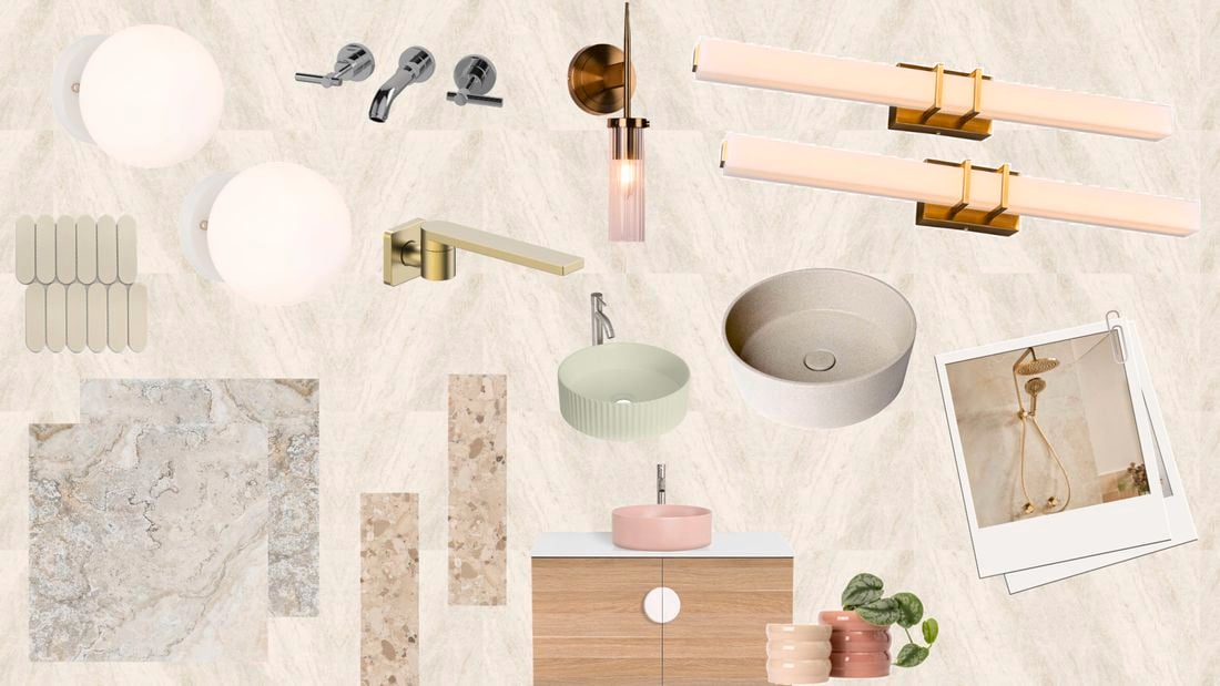 Bathroom design mood board combining natural stone and terrazzo-inspired surfaces, timber cabinetry, pastel vessel basins, brass and chrome tapware, decorative lighting and soft neutral finishes.