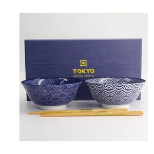 2pc Tokyo Design Porcelain Bowl Set Dot Wave With Chopsticks Gift Boxed 21cm