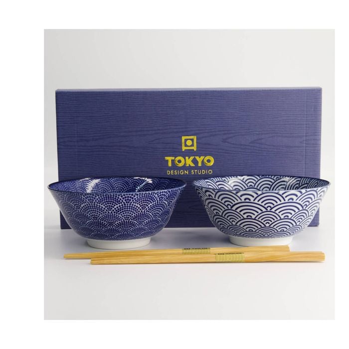 2pc Tokyo Design Porcelain Bowl Set Dot Wave With Chopsticks Gift Boxed 21cm