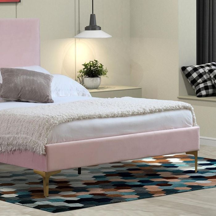 Istyle Modern Classic Cristian King Velvet Bed Frame Pink with Gold Legs