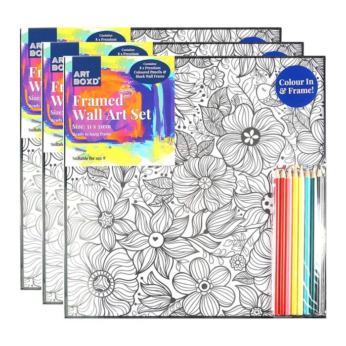 3x Art Boxd 31cm Framed Colour-in Wall Hanging Art Set W/ Coloured Pencil Assort