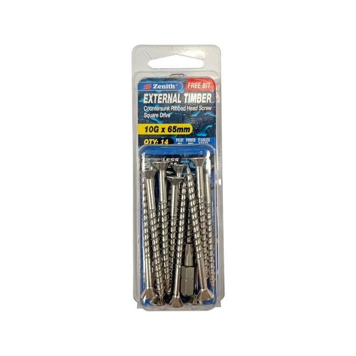Zenith 10G x 65mm Stainless Steel 304 Square Drive External Timber Screw - 14 Pack