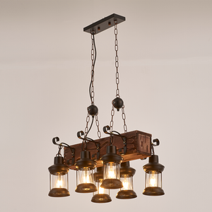 LumenSphere Vane 6-Light Retro Wood Pendant - Black Finish, Natural Wood Accents, E27 Base