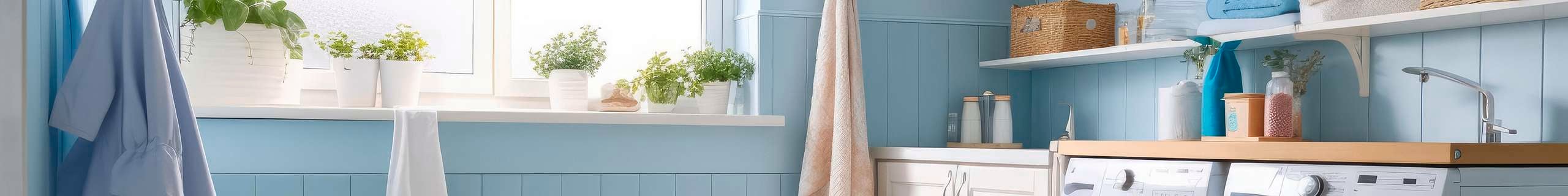 Laundry with blue painted walls.