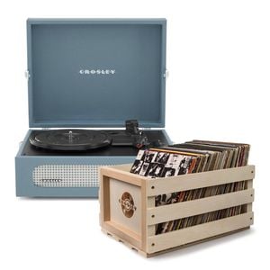 Crosley Voyager Bluetooth Portable Turntable, Washed Blue, Includes Record Storage Crate