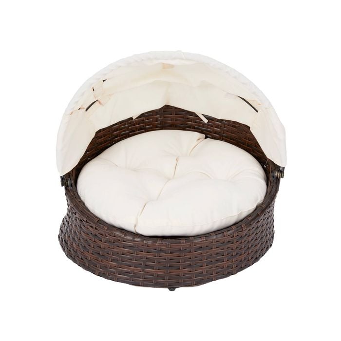 Teamson Pets Clotho Outdoor Resin Wicker Cat or Small Dog Daybed Lounger with Retractable Canopy
