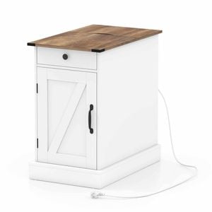 Costway Nightstand Side End Table Adjustable Shelf Power Outlets White