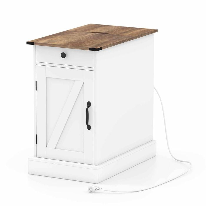 Costway Nightstand Side End Table Adjustable Shelf Power Outlets White