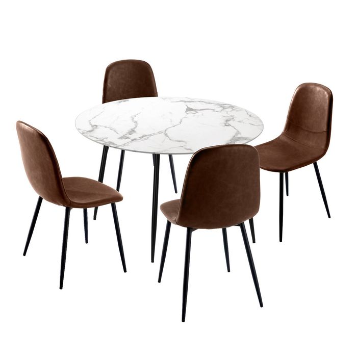 Oikiture 5PCS Dining sets 110cm Round Table with Chairs PU Brown