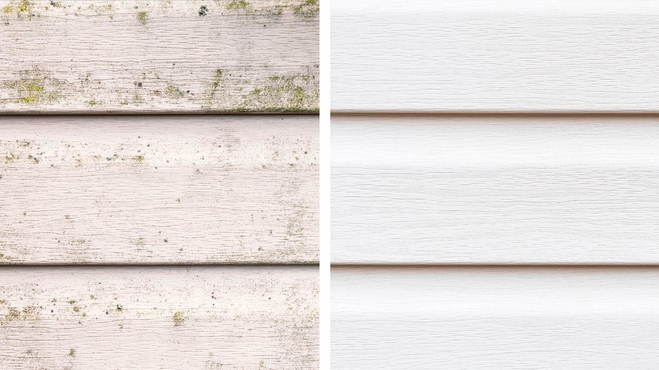 A wooden panel with dirt on it on the left hand side and a clean wooden panel on the right hand side.
