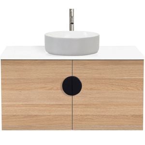 CIBO 900mm Oak Mornington Wall Hung Vanity With Light Grey / White Basin And Black Handle