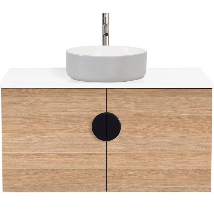 CIBO 900mm Oak Mornington Wall Hung Vanity With Light Grey / White Basin And Black Handle