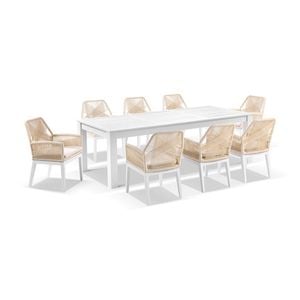 Santorini 2.5m Outdoor Aluminium Dining Table White With 8 Hugo Chairs & Cream Rope/cream Cushions