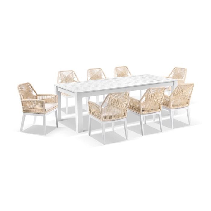 Santorini 2.5m Outdoor Aluminium Dining Table White With 8 Hugo Chairs & Cream Rope/cream Cushions