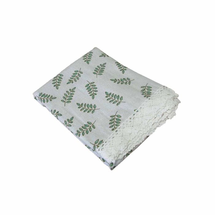 Leaf Printed Premium 60% Cotton 40% Linen Table Cloth With White Lace Edging 140 X 220 Cm / 6 Seater