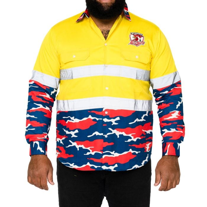 NRL Roosters 'Camo' Hi-Vis L/S Cotton Drill Shirt - 4XL