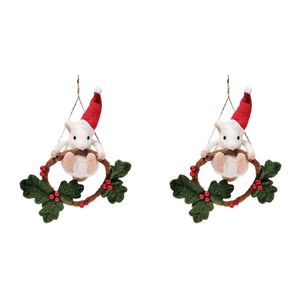 2PK Urban Snowy Christmas Mouse Swinging Wreath Hanging Decor 21cm White/Brown