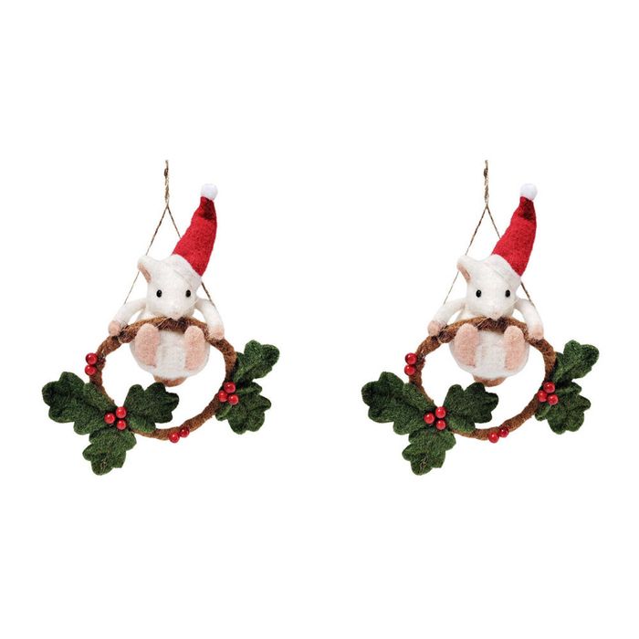 2PK Urban Snowy Christmas Mouse Swinging Wreath Hanging Decor 21cm White/Brown