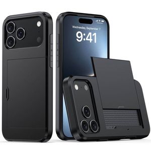 For Apple iPhone 18 Pro Max /17 Pro Max Slide Armor Card Holder Wallet Protective Shockproof Hard Dual Layer Back Cover (Black)