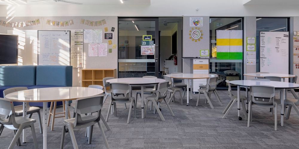 Modern classroom with round tables, chairs, large windows, and educational posters on the walls.
