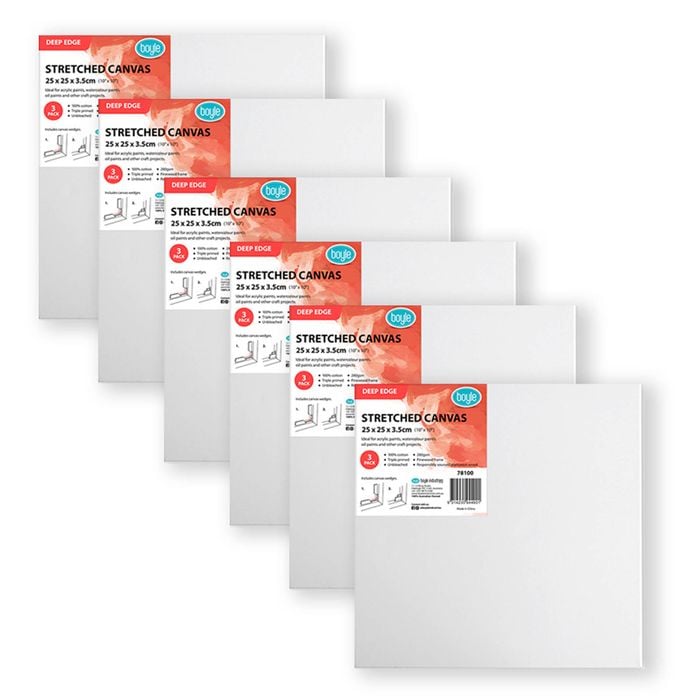 6pk Boyle Deep Edge 25x25cm/10x10" Stretched Canvas 280gsm For Acrylic/oil Paint